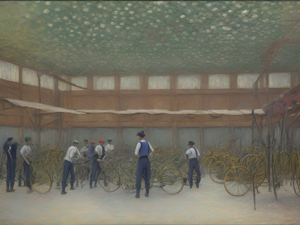 Cuadro expresionista de un taller de bicicletas con empleados, pintado por Claude Monet.